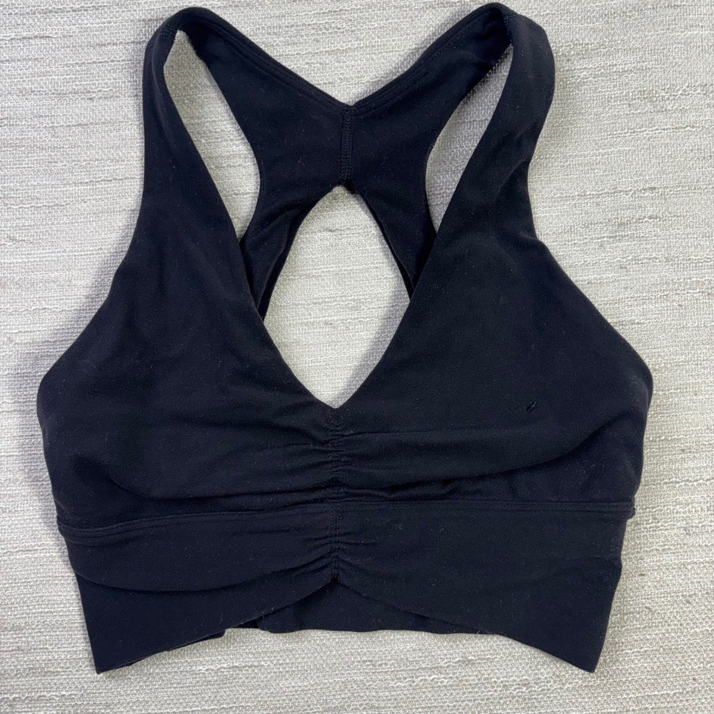 Aritzia TnAction Black V-Neck Ruched Cutout Racerback Sports Bra 2XS